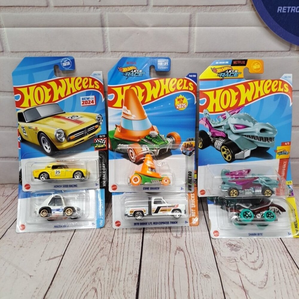 Hot Wheels Mixed Die Cast Lot Of 6, Mazda, Honda, Cone, Dodge, Dinosaurs Sealed